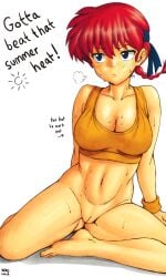 blue_eyes bottomless color color_edit colored edit edited edited_art edited_by_uploader head_cha_la headband headgear headwear light-skinned_female light_skin orange_clothing pussy pussy_exposed ranma-chan ranma_1/2 ranma_saotome red_hair solo solo_female solo_focus solo_girl sports_bra sportswear sweat sweatdrop sweating sweaty sweaty_body text