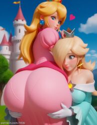 2girls ai ai_generated ass blonde_hair blue_eyes castle crown dress earrings gloves hair_over_one_eye heart jewelry long_hair mario_(series) mario_bros multiple_girls nintendo nintendo_switch pantylines peach pink_dress princess princess_peach princess_rosalina rosalina rosalina_(mario) tagme xxai yuri