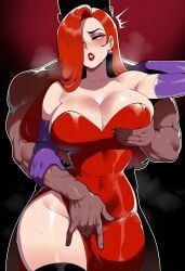 1boy 1girl ai_generated bare_shoulders black_thighhighs blush breasts bunnyart02 cleavage clothing covered_navel crotch_grab curvy dark-skinned_male dark_skin dress earrings elbow_gloves eyeshadow female fingering gloves grabbing grabbing_another's_breast grabbing_from_behind green_eyes groping hair_over_one_eye hetero huge_breasts interracial jessica_rabbit jewelry large_breasts legwear lipstick long_hair makeup male manly muscular muscular_male no_panties purple_gloves pussy_juice red_dress red_hair red_lips side_slit solo_focus strapless strapless_dress sweat thick_thighs thighhighs thighs who_framed_roger_rabbit