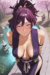 1girl ai_generated blush breasts cherry_blossoms collarbone day grass hi_res high_quality high_resolution hip_vent japanese_clothes jigokuraku looking_at_viewer ninja outdoors patreon ponytail purple_eyes purple_hair savvyraexo seductive sexy smile solo standing tree uncensored water watermark yuzuriha_(jigokuraku)