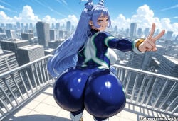 1girl ai_assisted ai_generated ass bangs blue_eyes blue_hair bodysuit boku_no_hero_academia boots breasts building city cloud curvaceous curvy curvy_female curvy_figure day female from_behind grin hado_nejire high_heel_boots high_heels large_breasts long_hair looking_at_viewer looking_back miyuai my_hero_academia shiny shiny_clothes shiny_hair sky skyscraper smile solo superhero thick thick_ass thick_butt thick_hips thick_legs thick_thighs thighs v voluptuous voluptuous_female wide_hips wide_thighs