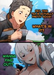 1boy 1boy1girl 1girls big_boobs black_clothing black_eyes black_hair boobs boobs_out breasts breasts_out brown_eyes echidna_(re:zero) female male mayngomay natsuki_subaru nipples peak re:zero_kara_hajimeru_isekai_seikatsu visible_nipples white_hair