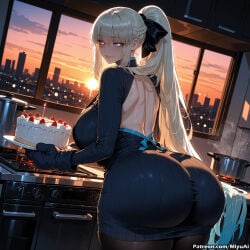 1girl ai_assisted ai_generated ass bangs black_legwear blue_eyes blush bow braid breasts cake cityscape curvaceous curvy curvy_female curvy_figure dress eyebrows_visible_through_hair fate/grand_order fate_(series) female food from_behind gloves hair_bow heart indoors large_breasts long_hair looking_at_viewer looking_back miyuai morgan_le_fay_(fate) ponytail ribbed_sweater ribbon sidelocks silver_hair smile solo sunset sweater sweater_dress thick thick_ass thick_butt thick_hips thick_legs thick_thighs thighs turtleneck very_long_hair voluptuous voluptuous_female wide_hips wide_thighs window