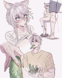 2d 2d_(artwork) blue_eyes bowl braid breasts breasts_out cat_ears catgirl caught caught_in_the_act caught_masturbating chair cipher_(honkai:_star_rail) eating eating_food gnarlypzofbread honkai:_star_rail honkai_(series) hoyoverse mihoyo open_mouth panties panties_around_one_leg phainon_(honkai:_star_rail) pickle shirt_up skirt skirt_removed spread_legs surprised sweat white_background white_hair white_panties yellow_nails