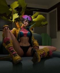 asian asian_female bed bedroom big_breasts black_hair boots breasts cg earrings hand_on_knee jacket jubilation_lee jubilee jubilee_(marvel_rivals) looking_at_viewer marvel marvel_rivals on_bed panties spread_legs sunglasses sunglasses_on_head topwear x-men yellow_eyes