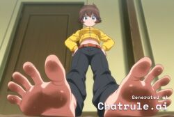 1girl ai_assisted ai_generated anime_screencap barefeet belt big_feet black_pants blue_eyes brown_hair dark_skin dirty_feet from_below full_body hands_on_hips long_sleeves long_toes looking_at_viewer navel presenting_foot short_hair sole_focus standing standing_on_one_leg stinky_feet sweaty_feet twintails yellow_jacket