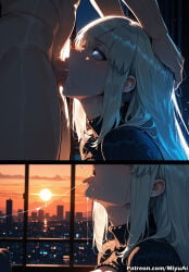 1boy 1girl ai_assisted ai_generated bangs blue_eyes breasts comic curvaceous curvy curvy_female curvy_figure deepthroat erection eyebrows_visible_through_hair fate/grand_order fate_(series) fellatio female hair_between_eyes half-closed_eyes hand_on_another's_head head_grab hetero indoors irrumatio long_hair miyuai morgan_le_fay_(fate) night oral penis saliva sidelocks silver_hair sky solo_focus sunset symbol-shaped_pupils thick thick_ass thick_butt thick_hips thick_legs thick_thighs voluptuous voluptuous_female white_hair wide_hips wide_thighs window