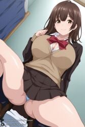 1female 1girl 1girls 2026 ai_generated artist_name bangs big_ass big_breasts bow bowtie breasts brown_eyes brown_hair cleavage curvy hi_res hige_wo_soru._soshite_joshikousei_wo_hirou. high_quality high_resolution highres huge_ass huge_breasts jacket large_breasts long_hair looking_at_viewer ogiwara_sayu panties patreon patreon_username pleated_skirt school_uniform skirt smile socks solo spread_legs squatting thighs underwear unjobdespiert watermark
