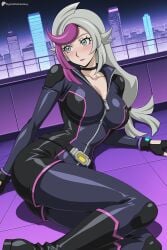 1girl ai_generated belt bessho_emma black_bodysuit black_choker black_footwear black_gloves blush bodysuit boots breasts choker cleavage digitalwaifugallery fingerless_gloves gloves grey_eyes grey_hair hi_res high_quality high_resolution large_breasts long_hair lying makeup multicolored_hair night patreon purple_hair seductive sexy solo two-tone_hair uncensored watermark yu-gi-oh!