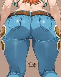 1girls artist_name ass ass_focus back back_view backboob belt big_ass bikini_top blue_pants bottomwear breasts clothing female female_only green_bikini_top hair huge_ass long_hair low-angle_view lower_body lower_body_focus nami one_piece orange_hair pants solo solo_female thighs topwear ttrop