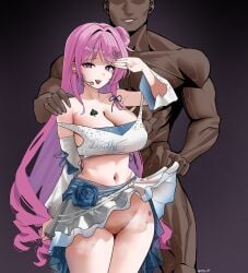 1boy 1girl absurdres arm_up armpit_crease artist_name bare_shoulders blacked_female blush breast_tattoo breasts censored character_name clothed_female_nude_male clothes_lift colored_inner_hair commentary commission cowboy_shot dark-skinned_male dark_skin detached_sleeves dorothy_(nikke) english_commentary goddess_of_victory:_nikke hair_ornament hetero highres huge_breasts interracial long_hair looking_at_viewer microphone midriff miniskirt mosaic_censoring multicolored_hair navel navel_piercing no_panties ntr nude one_side_up ong_doi open_mouth piercing pink_hair pixiv_commission purple_eyes purple_hair queen_of_spades_symbol race_fetishism race_fetishism_symbol simple_background skirt skirt_lift spade_(shape) spade_tattoo tattoo thighs twitter_username very_dark_skin very_long_hair wide_sleeves