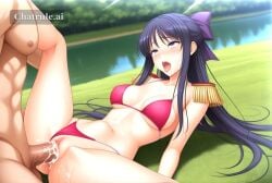 1girl ahegao ai_assisted ai_generated aiguillette arched_back aroused black_hair blue_eyes blurred_background blushing cowboy_shot cross_eyed cum_on_face cumming daytime deep_penetration dramatic_lighting drool dutch_angle epaulettes eye_roll eyeroll flirty grimace hair_bow horny lake legs_up line_art messy_hair missionary_position missionary_sex motion oily_skin on_grass outdoors penetrated perfect_anatomy purple_hair red_lipstick rough_sex sexy_pose shiny_face shiny_skin shuddering smaller_breasts very_long_hair