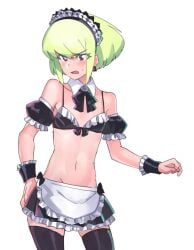 1boy 1femboy absolute_territory androgynous black_legwear blush blushing bob_cut clothing crossdressing curvy_male embarrassed femboy femboy_only feminine_faced_male feminine_male lio_fotia maid maid_apron maid_bikini maid_headdress maid_outfit maid_uniform male male_maid miniskirt nervous petite petite_body petite_male promare short_hair short_male shy slim slim_male slim_waist solo stockings thighhighs thin_waist twink