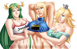 3girls :3 armpits arms_behind_head arms_up beauty_mark belly blonde_hair blue_eyes breast_grab breasts choker circlet cleavage clothes clothes_writing covered_nipples crossover crown earrings erect_nipples female green_eyes green_hair hair_over_one_eye human jewelry kid_icarus kid_icarus_uprising large_breasts long_hair mario_(series) metroid mole multiple_girls nail_polish navel nintendo palutena ponytail princess_rosalina samus_aran shirt simple_background super_smash_bros. t-shirt teeth text thedarkness tied_hair underboob white_background wink