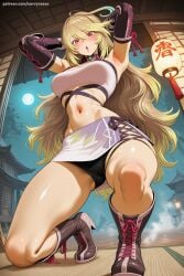 1girl ai_generated ball black_panties blonde_hair blush boots breasts elbow_gloves from_below full_moon gloves hi_res high_quality high_resolution lace-up_boots large_breasts long_hair looking_at_viewer milla_maxwell moon multicolored_hair navel panties patreon red_eyes savvyraexo seductive sexy shirt skirt solo tales_of_(series) uncensored underwear watermark