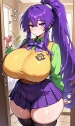 ai_generated boobs curvy_figure enormous_breasts gigantic_breasts houseofwaifu huge_breasts kirika_misono massive_breasts ponytail purple_hair schoolgirl skirt socks thick_legs thick_thighs vest