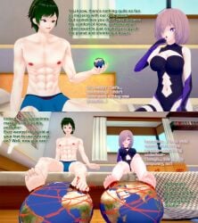 1boy 1girls 3d abs bulge commission destruction english_text fate/grand_order fate_(series) feet female giant_male giantess green_hair koikatsu male mash_kyrielight muscular muscular_male oc original original_character pink_hair planet shrinking text underwear xavier_huge xavierhuge