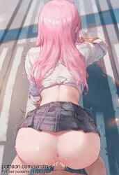 1boy 1girl 2026 ai_generated all_fours anus ass censored clothed_female_nude_male clothed_sex clothes_lift cum cum_in_pussy cum_overflow doggystyle facing_away from_behind grey_skirt gyaru hetero highres hololive jewelry kogal long_hair mori_calliope mosaic_censoring no_panties nsfw penis pink_hair pink_nails plaid plaid_skirt pleated_skirt pov pussy school_uniform serain sex sex_from_behind shirt skirt skirt_lift sleeves_rolled_up solo_focus sweat tied_shirt trembling uncensored vaginal white_shirt