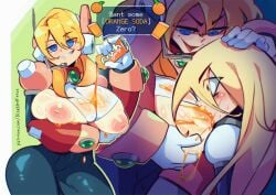1boy 1girls alia big_breasts blonde_hair blue_eyes capcom force_drinking horny_female huge_breasts mega_man mega_man_x orange_soda pouring_on_breasts pouring_on_self reploid robot robot_girl teasing wide_hips zero_(mega_man)