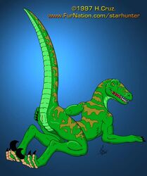 1990s 1997 20th_century anthro cloaca dinosaur female green_skin inviting kaa_(artist) looking_at_viewer nude open_mouth presenting pussy raised_tail raptor scalie solo tail yellow_eyes