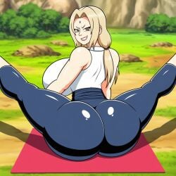1girls ai_generated ass big_ass big_breasts big_butt blonde blonde-haired_female blonde_female blonde_hair blonde_hair_female brown-eyed_female brown_eyes butt butt_view clothed clothed_female forehead_mark legs_up light-skinned light-skinned_female light_blonde_hair light_skin looking_back marking mature mature_female milf milf_body naruto naruto_(series) naruto_shippuden novelai outdoors outside smug smug_expression smug_face smug_smile teeth teeth_showing teeth_visible tsunade twintails yoga yoga_mat