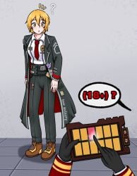 1boy 1girls blonde_hair dante_(limbus_company) don_quixote_(limbus_company) female girl kreky limbus_company project_moon tablet