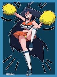 1girls belly_button black_hair black_lipstick blightstar cheerleader clothed female kayama_nemuri kneesocks large_breasts leg_up light_skin looking_at_viewer midnight_(my_hero_academia) my_hero_academia nipple_outline no_sex panties pom_poms skirt skirt_lift smile tagme u.a._cheerleader_outfit upskirt very_long_hair