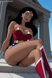 1girl ai_generated bare_shoulders black_hair blue_eyes blue_leotard boots breasts crossed_legs dark_skin dc earrings hi_res high_quality high_resolution jewelry knee_boots large_breasts leotard lips long_hair looking_at_viewer patreon red_footwear seductive sexy sitting solo spicytoonai strapless superhero thighs uncensored watermark wonder_woman