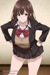 1female 1girl 1girls 2026 ai_generated artist_name bangs big_ass big_breasts black_jacket black_skirt blazer bow bowtie breasts brown_eyes brown_hair closed_mouth collarbone collared_shirt curvy hands_on_hips hi_res hige_wo_soru._soshite_joshikousei_wo_hirou. high_quality high_resolution highres huge_ass huge_breasts jacket large_breasts leaning_forward long_hair long_sleeves looking_at_viewer miniskirt ogiwara_sayu open_clothes open_jacket patreon patreon_username pleated_skirt red_bow red_bowtie school_uniform shirt skirt solo thighs unjobdespiert watermark white_shirt