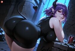1girl ai_generated alley ass ass_focus back_alley bent_over big_ass big_breasts curvy demon_girl demon_horns demon_tail dress head_rest kinsou_no_vermeil loratta night purple_hair red_eyes short_dress short_hair standing tagme thick_thighs turtleneck vermeil_(kinsou_no_vermeil) wide_hips