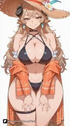 1girl ai_generated animal_ears arknights arknights:_endfield artist_name bangs bare_shoulders beads bikini black_bikini black_choker breasts brown_eyes brown_hair choker cleavage earrings flower halterneck hat hat_flower horns jewelry large_breasts long_hair looking_at_viewer meteorite_(arknights) navel necklace off_shoulder patreon senpai_pixels sensitive simple_background smile solo straw_hat sun_hat swimsuit thigh_gap thigh_strap thighs white_background