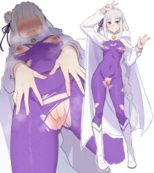 1girls elf emilia_(re:zero) female female_focus hourglass_figure hourglass_figured_female kagironsfw looking_at_viewer looking_back purple_eyes pussy re:zero_kara_hajimeru_isekai_seikatsu silver_hair staring staring_at_viewer visible_pussy white_cloak white_hair