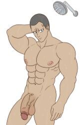 1boy balls banana_desu looking_at_viewer male male_only marugori muscular muscular_male naked naked_male one-punch_man penis shower shower_head showering solo solo_male standing water