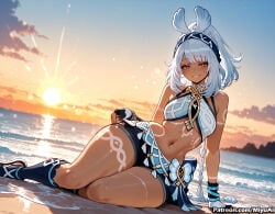 1girl ai_assisted ai_generated arm_support bangs bare_shoulders beach blush breasts curvaceous curvy curvy_female curvy_figure dark_skin eyebrows_visible_through_hair female genshin_impact gloves hairband legs long_hair looking_at_viewer medium_breasts midriff miyuai mualani_(genshin_impact) navel ocean outdoors parted_lips shore shorts sitting smile solo thick thick_ass thick_butt thick_hips thick_legs thick_thighs thighs voluptuous voluptuous_female water white_hair wide_hips wide_thighs