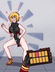 1boy 1girls ahe_gao big_breasts blonde_hair breaking_glass buttplug clenched_teeth crazy_eyes dante_(limbus_company) deep_penetration dildo dildo_in_ass don_quixote_(limbus_company) female girl heart-shaped_pupils huge_buttplug huge_dildo kreky large_insertion limbus_company messy_hair orgasm project_moon rolling_eyes saliva shocked sleeveless spread_legs squatting stomach_bulge tablet tears turtleneck
