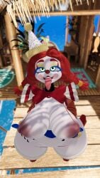 beach fnaf fnaf_secrets_of_the_mimic holding_breast huge_ass huge_breasts jackie_(fnaf) mishuyuu_(modeler) on_knees smiling tongue_out vrchat