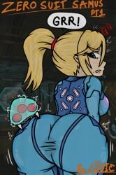 1girls 1other alternate_version_available anger_vein angry annoyed annoyed_expression ass ass_focus back_view beauty_mark beauty_mark_under_mouth big_ass big_butt birthmark biting biting_ass blonde_hair blue_eyes bodysuit bubble_ass bubble_butt cu3ie curvaceous curvy curvy_female curvy_figure dialogue english_text fat_ass female female_focus from_behind heart hearts hearts_around_head huge_ass huge_butt large_ass light-skinned_female light_skin long_hair looking_back metroid metroid_(creature) mole mole_under_eye nintendo ponytail rear_view samus_aran size_difference speech_bubble tagme text thick_thighs thighs viewed_from_behind voluptuous voluptuous_female zero_suit zero_suit_samus