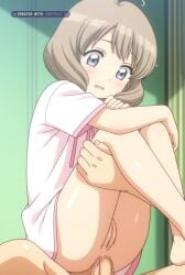 1girl ahoge ai_assisted ai_generated anal anal_penetration anime_style big_dick blue_eyes brown_hair carrying leg_lock official_style shiny_skin short_hair