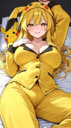 adult_female ai_generated pikachu_(cosplay) pokemon yellow_eyes yellow_hair