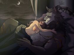 abs anthro anthro_on_human bed big_breasts big_nipples breasts brown_hair canid canine canine_on_human couple couple_(romantic) cuddling duart female fur furry furry_male furry_with_non-furry human human_female human_on_anthro interspecies larger_male light_skin male moon moonlight muscular muscular_anthro muscular_male night night_sky nipples romantic romantic_ambiance romantic_couple size_difference sleeping smaller_female submissive tattoo tattoos werewolf wolf