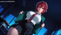 1girl 2026 ai_generated aizawa_tomo anime bangs black_skirt blazer blush boobs breasts classroom cleavage collared_shirt cowboy_shot crossover desk dutch_angle eye_contact female female_focus flushed green_jacket hair_between_eyes highres huge_breasts indoors inside jacket large_breasts long_sleeves looking_at_viewer necktie night nsfw open_clothes open_jacket parted_lips patreon pleated_skirt red_eyes red_hair red_necktie rognezart school_chair school_desk school_uniform shirt shirt_tucked_in short_hair skirt smile smiling solo striped striped_necktie thick_thighs thighs tomo-chan_wa_onna_no_ko white_shirt window