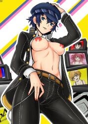1girls atlus blue_hair crossdressing female kaschmatz low-angle_view persona persona_4 shirogane_naoto short_hair tomboy