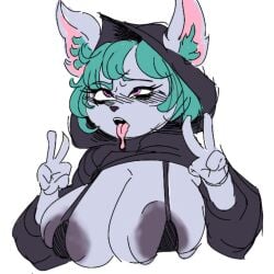 ahe_gao ahegao big_areola big_breasts bikini_top blush breasts busty enormous_breasts giant_breasts gigantic_breasts goodhorny69 huge_areolae huge_breasts large_breasts league_of_legends massive_breasts peace_sign sling_bikini tongue_out v vex_(league_of_legends) yordle