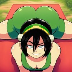 1girls above_view ai_generated avatar_the_last_airbender big_ass big_butt black-haired_female black_hair blind blind_female blind_girl breasts clothed eyes_open female female_focus female_only green_shorts hair_bun laying_on_stomach light-skinned_female light_skin light_skin_female light_skinned_female milf milf_body novelai open_eyes outdoors outside shorts smug smug_expression smug_face smug_smile teeth teeth_showing teeth_visible toph_bei_fong yoga yoga_mat yoga_pose