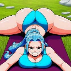 1girls above_view ai_generated big_ass big_breasts big_butt blue-haired_female blue_hair blue_hair_female blue_underwear bubble_ass bubble_butt dat_ass dat_butt eyes_open facing_forward facing_viewer female female_focus female_only light-skinned_female light_skin light_skinned_female long-haired_female long_hair nefertari_vivi novelai one_piece open_eyes outdoors outside smug smug_face smug_smile splits teeth teeth_showing teeth_visible thicc thicc_ass thicc_butt yoga yoga_mat yoga_pose