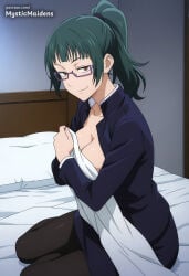 1girl ai_generated anime anime_style bed bed_sheet black_jacket black_pantyhose breasts brown_eyes cleavage closed_mouth covering_breasts covering_privates glasses green_hair hentai hi_res indoors jacket jujutsu_kaisen large_breasts long_hair long_sleeves looking_at_viewer maki_zenin medium_breasts mystic_maidens on_bed pantyhose patreon pillow ponytail purple-framed_eyewear school_uniform semi-rimless_eyewear sitting skirt smile solo zenin_maki