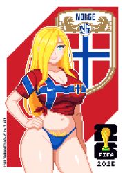 2026 bikini bikini_bottom blonde_hair blue_eyes breasts bush bushy_hair bushy_pubes fifa fifa_soccer fifa_world_cup_trophy flag hand_on_hip large_breasts lips logo micro_bikini norway norway_(countryhumans) one_eye_covered original original_character paradigma7 pixel_art pubic_hair pubic_hair_peek red_shirt shirt smile thick_thighs thighs