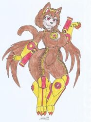 arm_cannon bayonetta bayonetta_(cosplay) big_breasts big_hips bodysuit brown_body brown_fur brown_hair cat_girl crossover furry gameoverse glitch_productions goggles goggles_on_head kit_(gameoverse) kit_bodega marlon64 mechanical_arms mechanical_legs platinum_games red_eyes traditional_drawing_(artwork) umbra_witch white_background