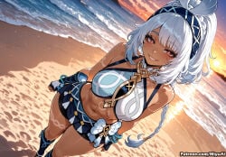 1girl ai_assisted ai_generated bangs bare_shoulders beach blush braid breasts curvaceous curvy curvy_female curvy_figure dark_skin eyebrows_visible_through_hair female genshin_impact grin hairband large_breasts long_hair looking_at_viewer miyuai mualani_(genshin_impact) native_american navel ocean outdoors red_eyes sand shore silver_hair smile solo thick thick_ass thick_butt thick_hips thick_legs thick_thighs thighs voluptuous voluptuous_female water waves wide_hips wide_thighs