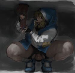 balls big_penis blonde blonde_hair blue_lipstick blue_nails bridget fatteacoffee femboy guilty_gear hood hood_up large_breasts lipstick lipstick_on_penis makeup male penis precum saliva sitting testicles thick_thighs